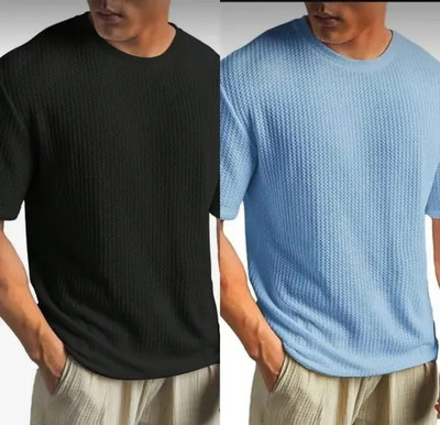 SR Fashion Self Design Men Round Neck Black, Light Blue T-Shirt