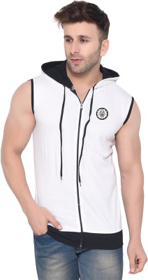 GEUM Solid Men Hooded Neck White T-Shirt