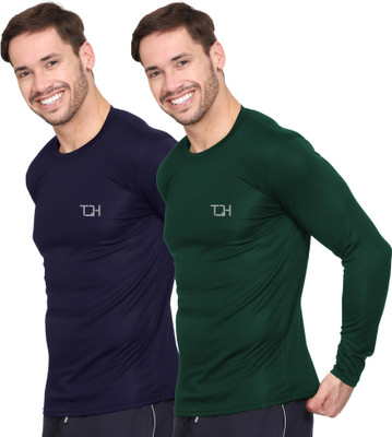 TQH Solid Men Round Neck Dark Blue, Green T-Shirt