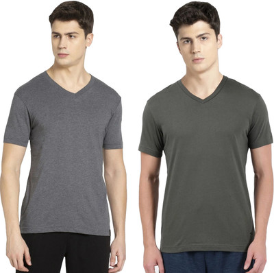 JOCKEY Solid Men V Neck Grey, Dark Green T-Shirt