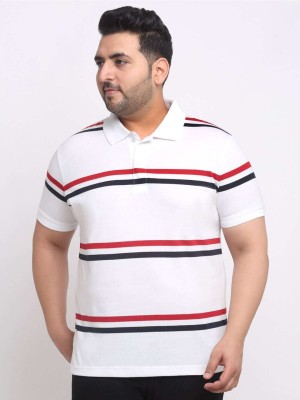 PLUSS Striped Men Polo Neck White T-Shirt