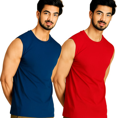 Adorbs Solid Men Round Neck Dark Blue, Red T-Shirt