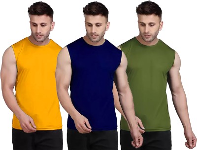 Renowned Solid Men Round Neck Yellow, Dark Blue, Dark Green T-Shirt