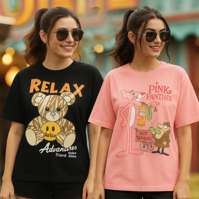 Fabflee Printed Women Round Neck Multicolor T-Shirt