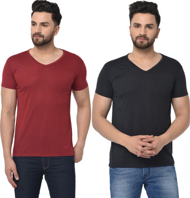 Tresna Trendy Solid Men V Neck Maroon, Black T-Shirt