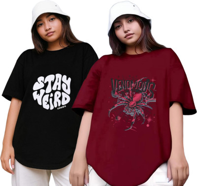 Xsware Printed Women Round Neck Black, Maroon T-Shirt