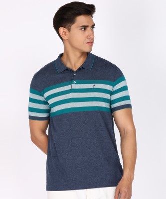 INDIAN TERRAIN Striped Men Polo Neck Blue T-Shirt