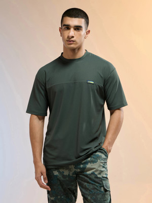 TECHNOSPORT Solid Men Crew Neck Green T-Shirt
