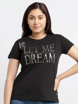 Status Quo Typography Women Round Neck Black T-Shirt
