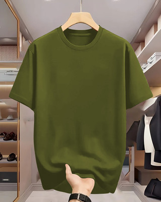 Just Try Solid Men Round Neck Green T-Shirt