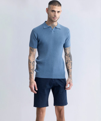Snitch Self Design Men Polo Neck Blue T-Shirt
