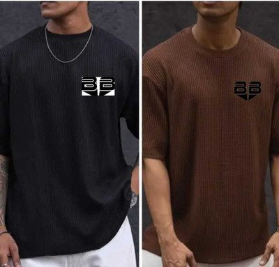 BOOM BAAM Self Design Men Round Neck Black, Brown T-Shirt