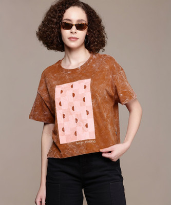 Roadster Printed Women Round Neck Brown T-Shirt