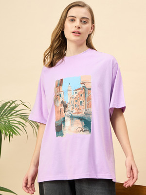 Mast & Harbour Printed Women Round Neck Purple T-Shirt
