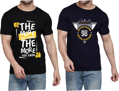 WOOSTRO Printed Men Round Neck Black, Dark Blue T-Shirt