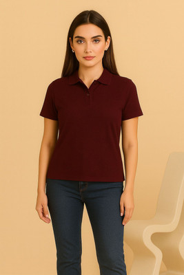 Adyavastram Solid Women Polo Neck Maroon T-Shirt