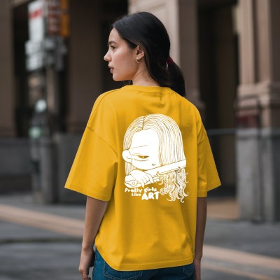 LWEXS Graphic Print Women Round Neck Yellow T-Shirt