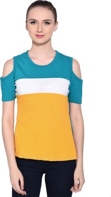 GEUM Striped Women Round Neck White, Blue, Yellow T-Shirt