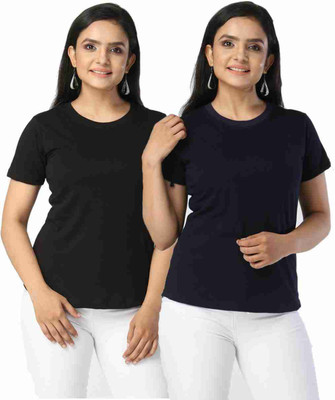 Bokaro Solid Women Round Neck Black, Blue T-Shirt
