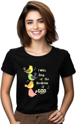 Witty Curls Printed Women Round Neck Black T-Shirt