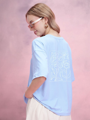 Dressberry Printed Women Round Neck Blue T-Shirt