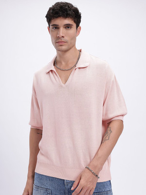 Glitchez Solid Men Polo Neck Pink T-Shirt