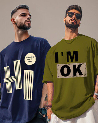 AOOSH Graphic Print Men Round Neck Navy Blue, Green T-Shirt