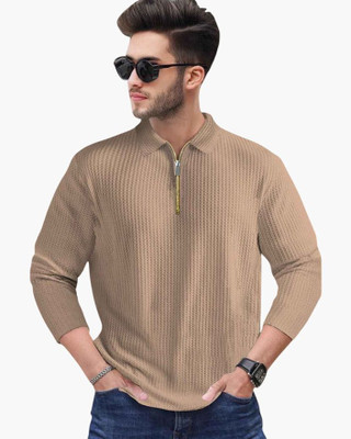 TOIX Self Design Men Polo Neck Brown T-Shirt
