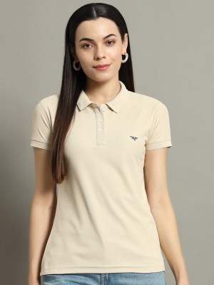 RISS Solid Women Polo Neck Beige T-Shirt