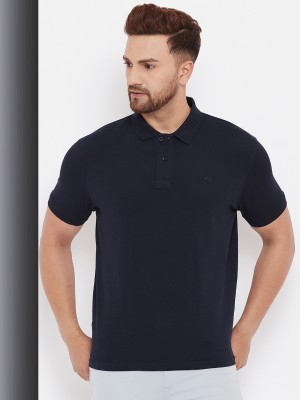 98 Degree North Solid Men Polo Neck Navy Blue T-Shirt