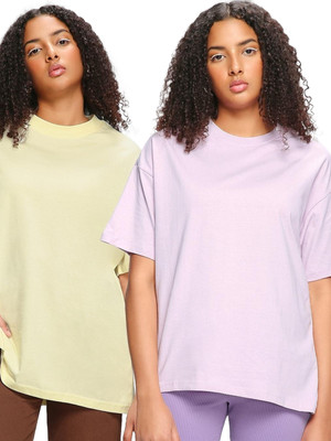 BEWAKOOF Solid Women Round Neck Yellow, Purple T-Shirt