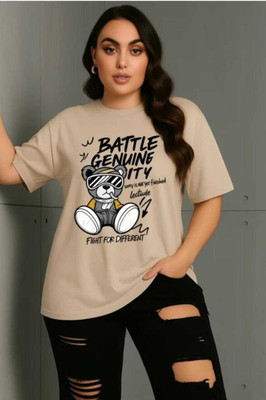 HouseOfCommon Printed Women Round Neck Beige T-Shirt