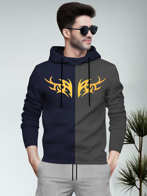 BLIVE Printed Men Hooded Neck Navy Blue, Grey T-Shirt