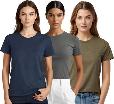 SHARXTRENDS Solid Women Round Neck Navy Blue, Green, Silver T-Shirt