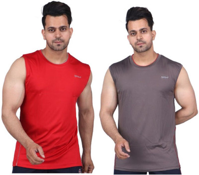 HILLS & DALES Solid Men Round Neck Red, Grey T-Shirt