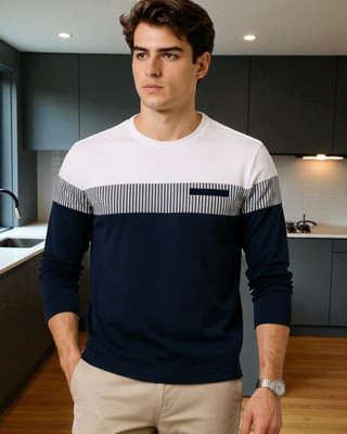 Teezler Colorblock Men Round Neck Navy Blue, White T-Shirt