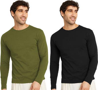 RULEDBYSUN Solid Men Round Neck Green, Black T-Shirt