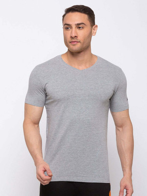 Status Quo Solid Men V Neck Grey T-Shirt