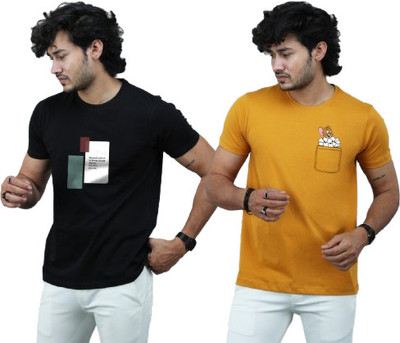t-hustler Printed Men Round Neck Yellow, Black T-Shirt