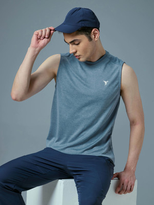 TECHNOSPORT Solid Men Crew Neck Light Blue T-Shirt