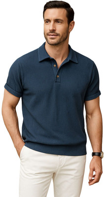 JexPuti Solid Men Polo Neck Blue T-Shirt