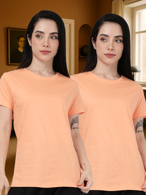 Kryptic Solid Women Round Neck Orange T-Shirt
