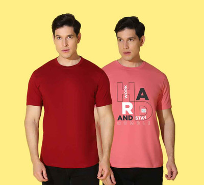 WOOSTRO Printed Men Round Neck Red, Pink T-Shirt