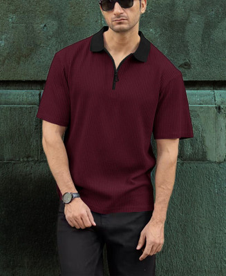 AZIZANFASHION Solid Men Polo Neck Maroon T-Shirt