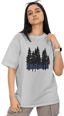 Carbonyte Printed Women Round Neck Grey T-Shirt