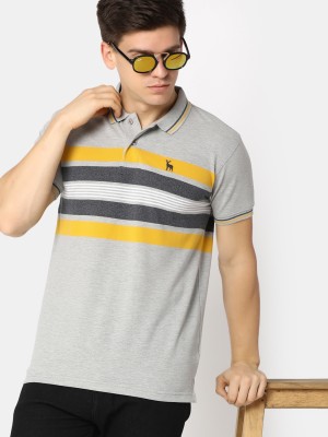 V-MART Striped Men Polo Neck Grey T-Shirt