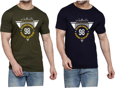 WOOSTRO Printed Men Round Neck Dark Green, Dark Blue T-Shirt