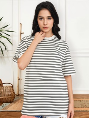 VIMAL JONNEY Striped Women Round Neck Grey T-Shirt