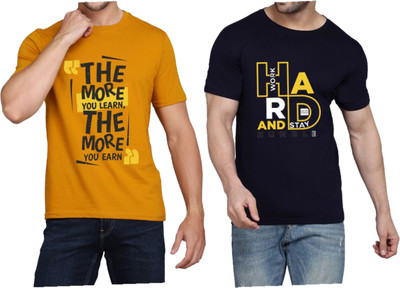 WOOSTRO Typography Men Round Neck Yellow, Navy Blue T-Shirt