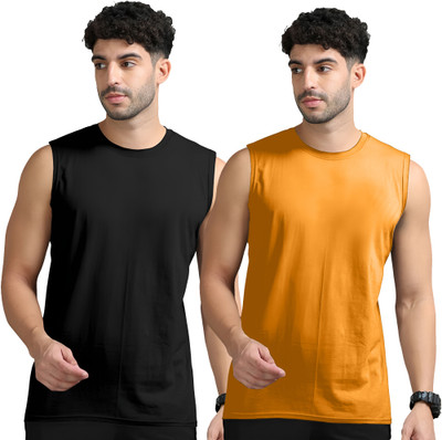 Adorbs Solid Men Round Neck Black, Yellow T-Shirt